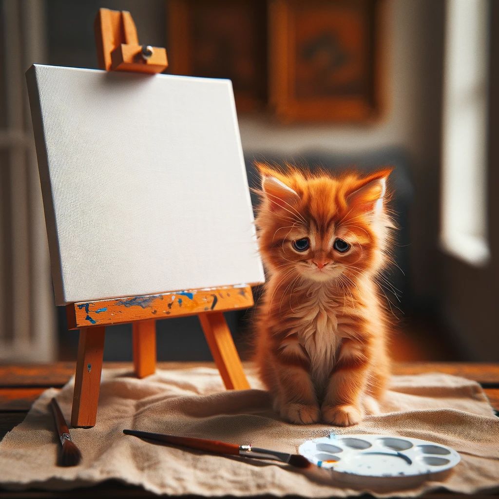 DALL·E 2024 01 11 23.10.28   A little ginger kitten sitting sadly in front of a canvas with just a white sheet painted on it. The kitten's expression should be one of disappointme